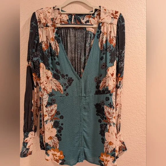 Free People Mikayla Floral Print Tunic Top Green XS - Picture 3 of 10